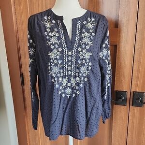 J. Jill Midnight Blue Blouse with Floral Embroidery